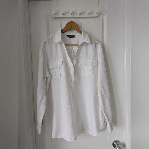 Jones New York Tops - White Long-Sleeve V-neck Linen Tunic Size XL Roll Up Sleeves